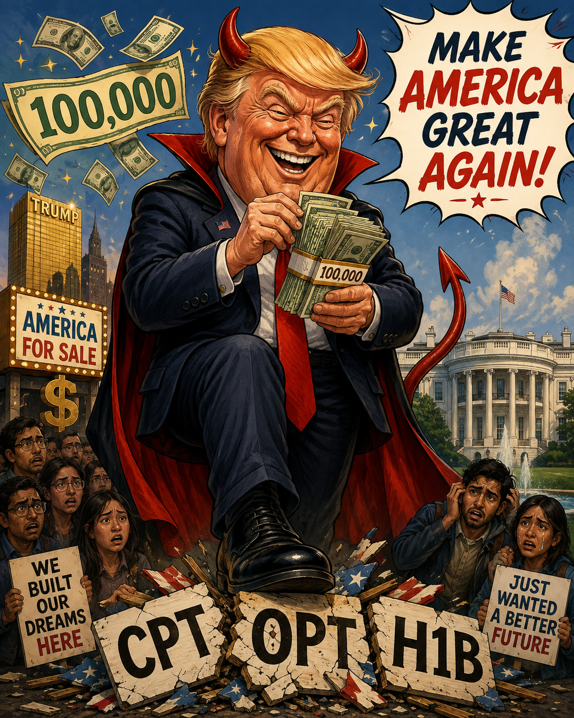 Satirical poster showing international students holding CPT, OPT and H-1B signs while a political figure counts money